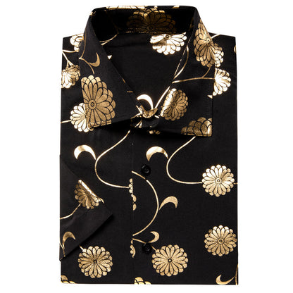 Black With Golden Chrysanthemum Floral Silk Dress Shirt shirt    - Sophisticated Gentlemen