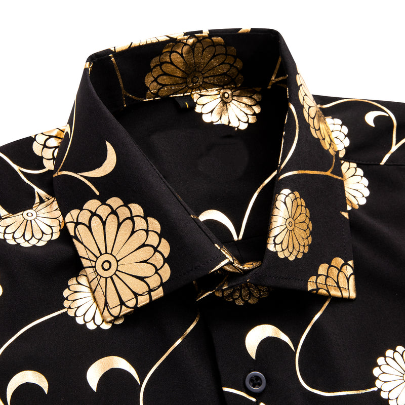 Black With Golden Chrysanthemum Floral Silk Dress Shirt shirt    - Sophisticated Gentlemen