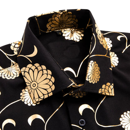 Black With Golden Chrysanthemum Floral Silk Dress Shirt shirt    - Sophisticated Gentlemen