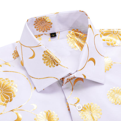 White Golden Floral Silk Dress Shirt shirt    - Sophisticated Gentlemen
