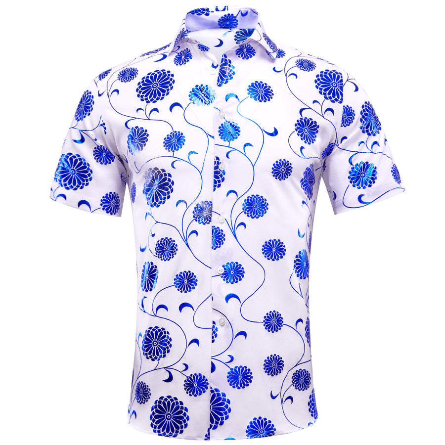 White Blue Floral Silk Dress Shirt shirt S   - Sophisticated Gentlemen