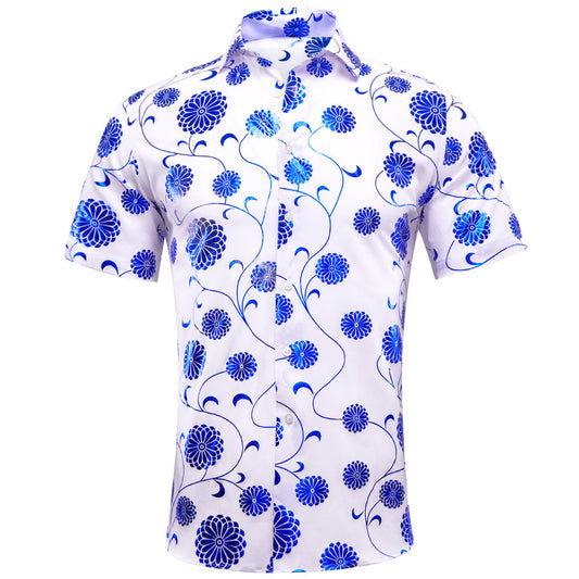 White Blue Floral Silk Dress Shirt shirt S   - Sophisticated Gentlemen
