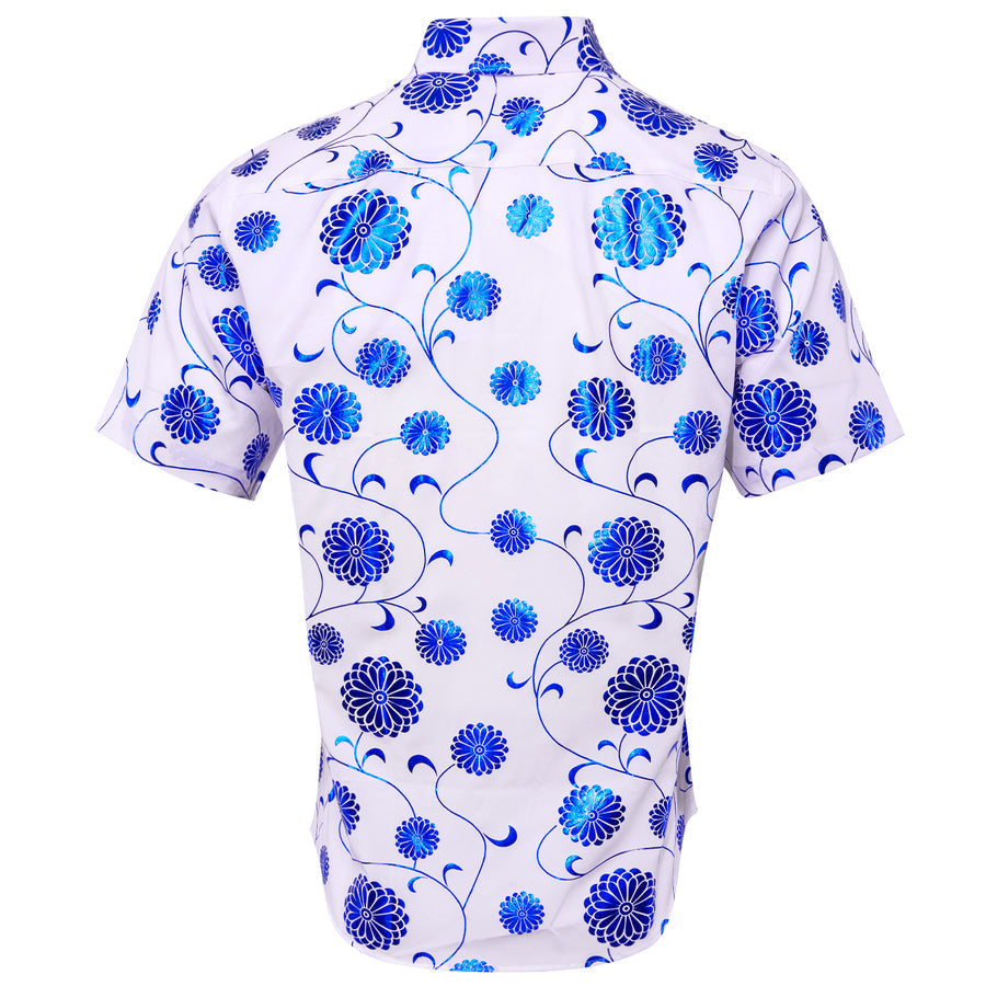 White Blue Floral Silk Dress Shirt shirt    - Sophisticated Gentlemen