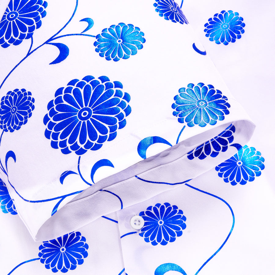 White Blue Floral Silk Dress Shirt shirt    - Sophisticated Gentlemen