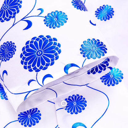 White Blue Floral Silk Dress Shirt shirt    - Sophisticated Gentlemen