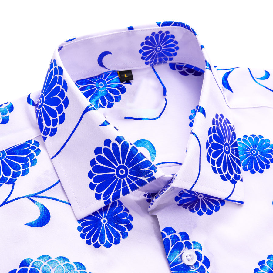 White Blue Floral Silk Dress Shirt shirt    - Sophisticated Gentlemen