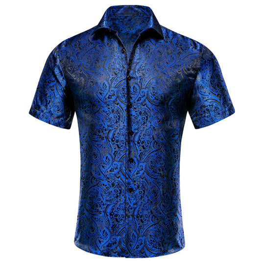 Deep Blue Paisley Silk Dress Shirt shirt S   - Sophisticated Gentlemen