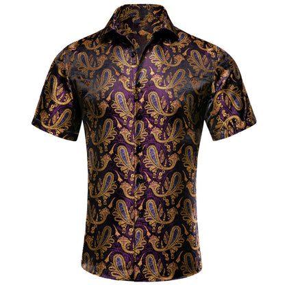 Purple Golden Paisley Silk Dress Shirt shirt S   - Sophisticated Gentlemen