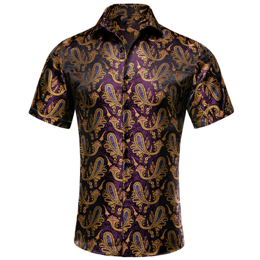 Purple Golden Paisley Silk Dress Shirt shirt S   - Sophisticated Gentlemen