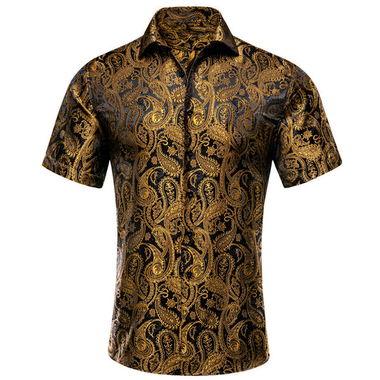 Black Golden Paisley Silk Dress Shirt shirt S   - Sophisticated Gentlemen