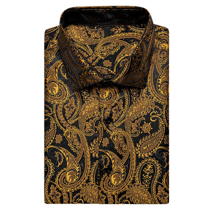 Black Golden Paisley Silk Dress Shirt shirt    - Sophisticated Gentlemen