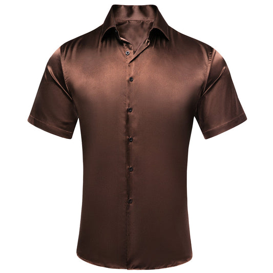 Brown Solid Satin Dress Shirt shirt S   - Sophisticated Gentlemen