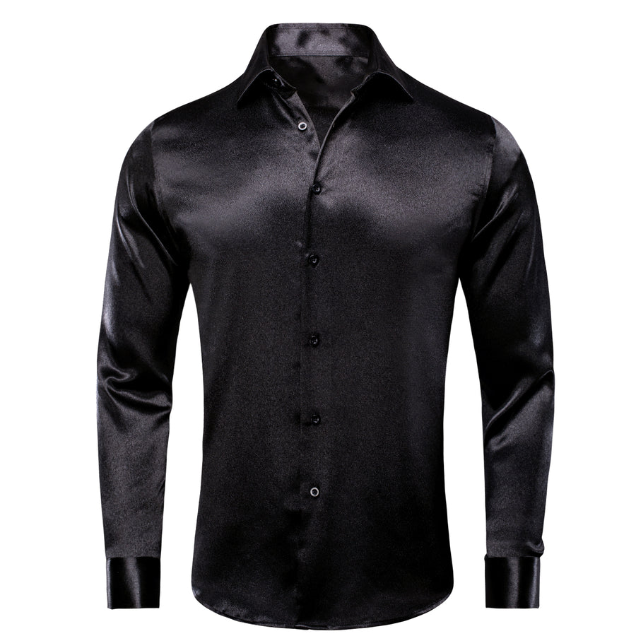 Classic Black Solid Silk Dress Shirt shirt S   - Sophisticated Gentlemen