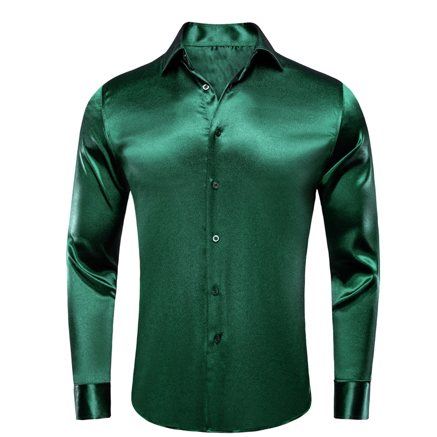 Shiny Dark Green Solid Silk Dress Shirt shirt S   - Sophisticated Gentlemen