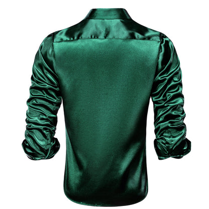 Shiny Dark Green Solid Silk Dress Shirt shirt    - Sophisticated Gentlemen