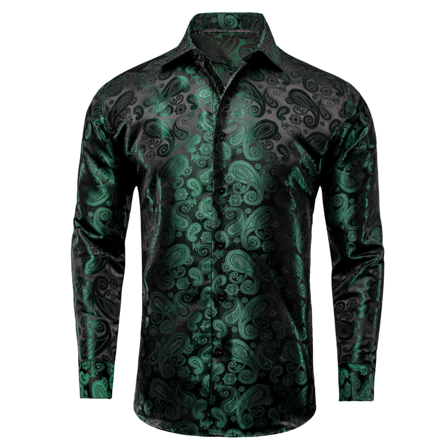 Dark Green Paisley Pattern Silk Dress Shirt shirt    - Sophisticated Gentlemen