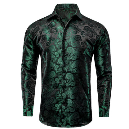 Dark Green Paisley Pattern Silk Dress Shirt shirt    - Sophisticated Gentlemen