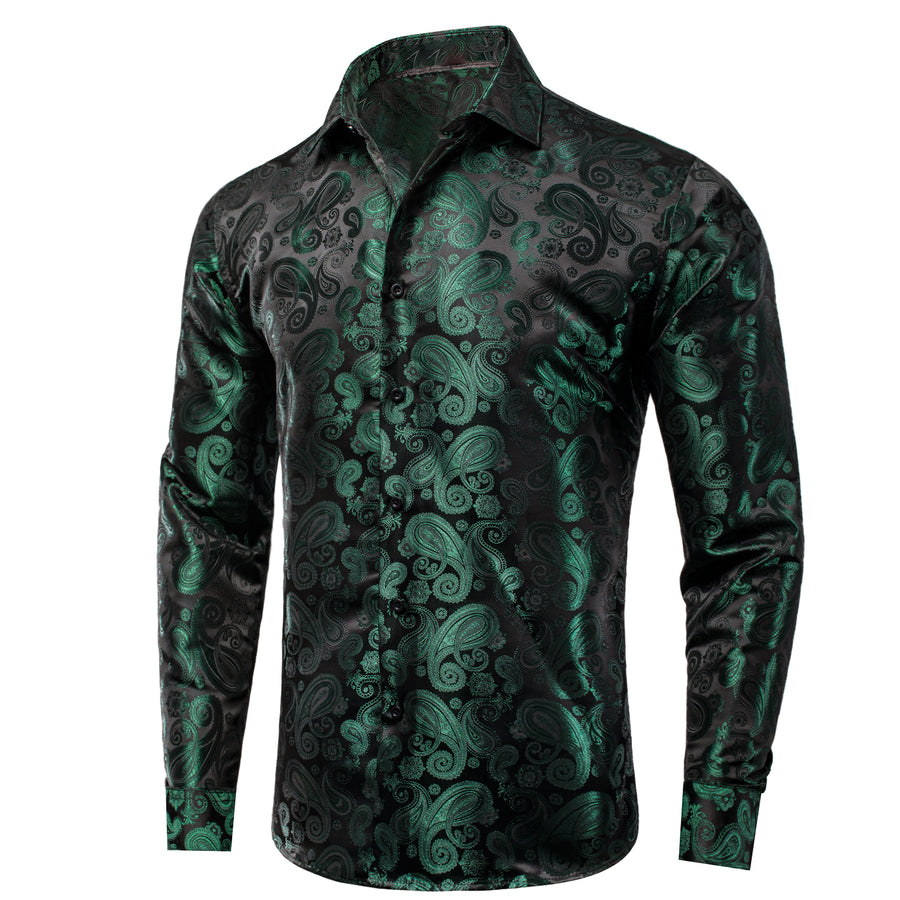 Dark Green Paisley Pattern Silk Dress Shirt shirt S   - Sophisticated Gentlemen