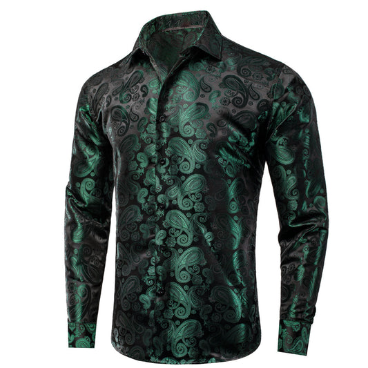 Dark Green Paisley Pattern Silk Dress Shirt shirt S   - Sophisticated Gentlemen