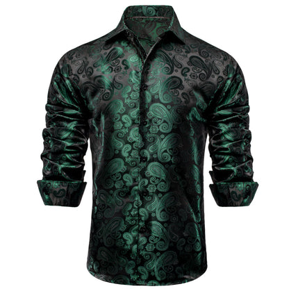 Dark Green Paisley Pattern Silk Dress Shirt shirt    - Sophisticated Gentlemen