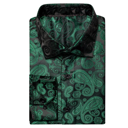 Dark Green Paisley Pattern Silk Dress Shirt shirt    - Sophisticated Gentlemen