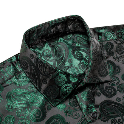 Dark Green Paisley Pattern Silk Dress Shirt shirt    - Sophisticated Gentlemen