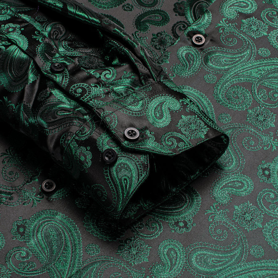 Dark Green Paisley Pattern Silk Dress Shirt shirt    - Sophisticated Gentlemen