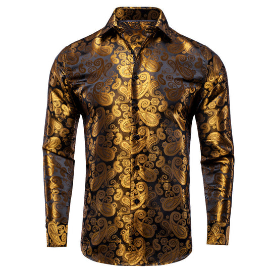 Luxury Golden Brown Paisley Pattern Silk Dress Shirt shirt S   - Sophisticated Gentlemen