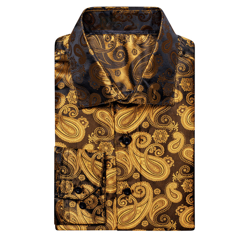 Luxury Golden Brown Paisley Pattern Silk Dress Shirt shirt    - Sophisticated Gentlemen