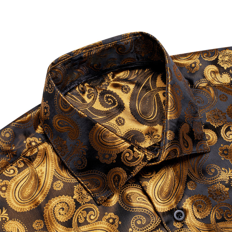 Luxury Golden Brown Paisley Pattern Silk Dress Shirt shirt    - Sophisticated Gentlemen
