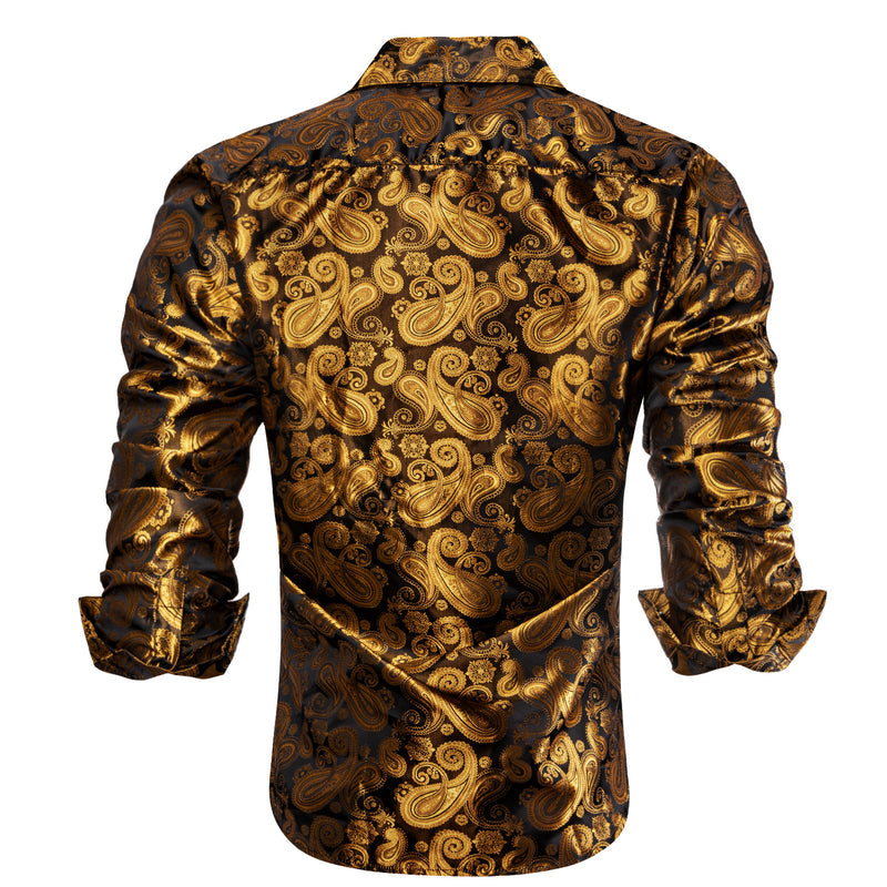 Luxury Golden Brown Paisley Pattern Silk Dress Shirt shirt    - Sophisticated Gentlemen