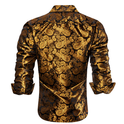 Luxury Golden Brown Paisley Pattern Silk Dress Shirt shirt    - Sophisticated Gentlemen
