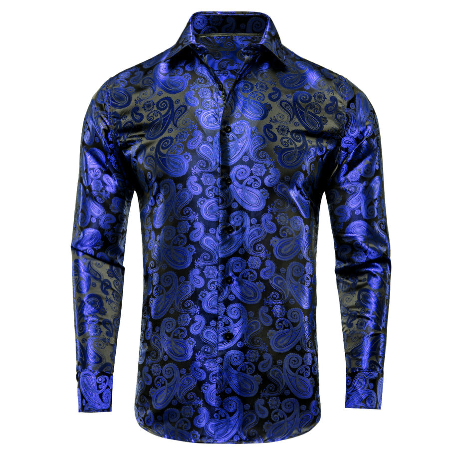 Royal Blue Paisley Pattern Silk Dress Shirt shirt S   - Sophisticated Gentlemen