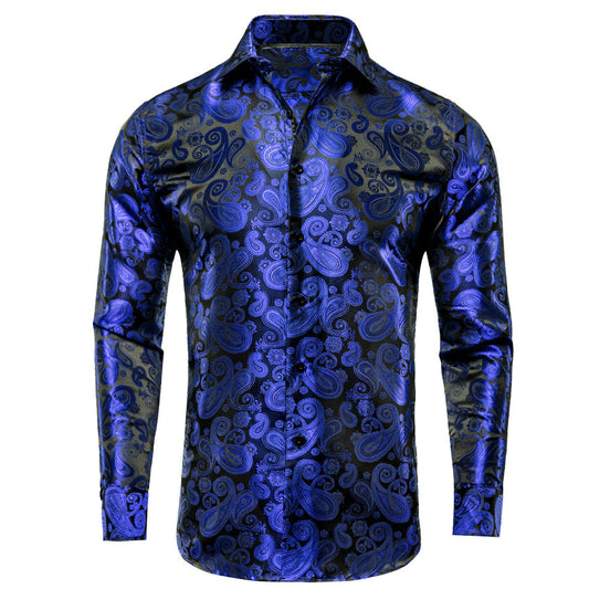 Royal Blue Paisley Pattern Silk Dress Shirt shirt S   - Sophisticated Gentlemen