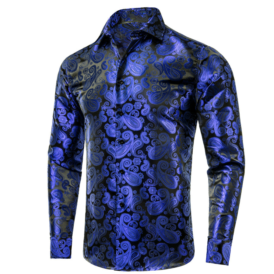Royal Blue Paisley Pattern Silk Dress Shirt shirt    - Sophisticated Gentlemen
