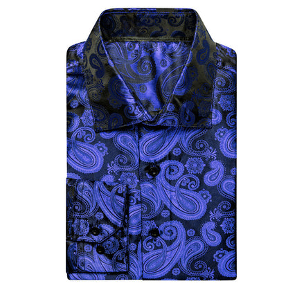 Royal Blue Paisley Pattern Silk Dress Shirt shirt    - Sophisticated Gentlemen
