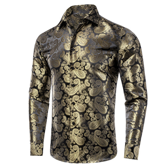 Luxury Champagne Brown Paisley Pattern Silk Dress Shirt shirt S   - Sophisticated Gentlemen