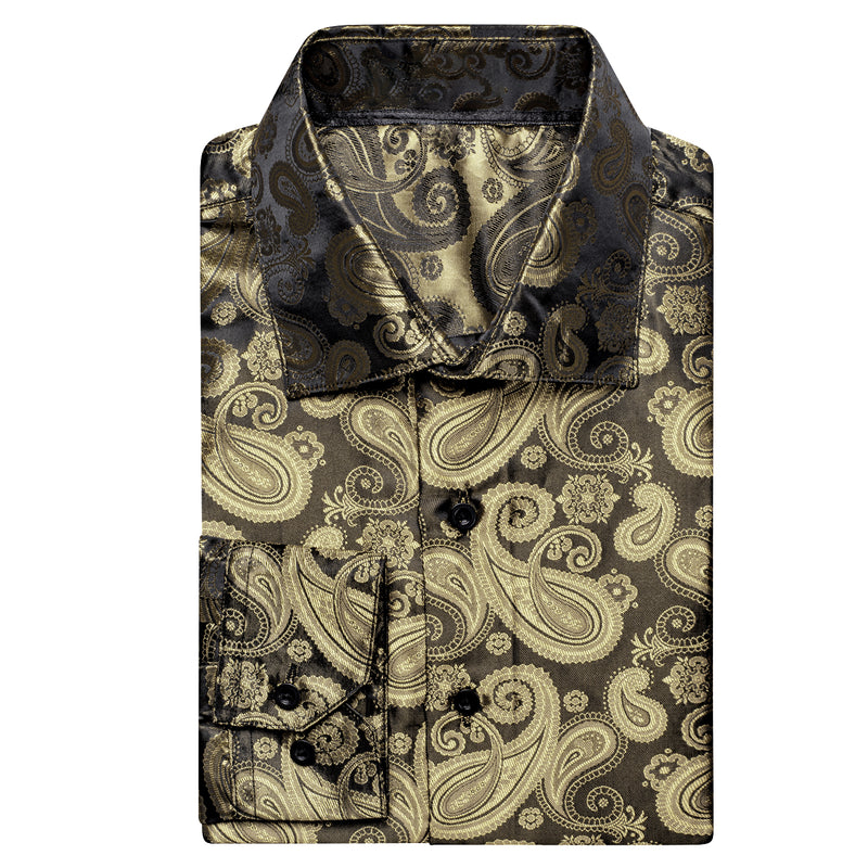 Luxury Champagne Brown Paisley Pattern Silk Dress Shirt shirt    - Sophisticated Gentlemen