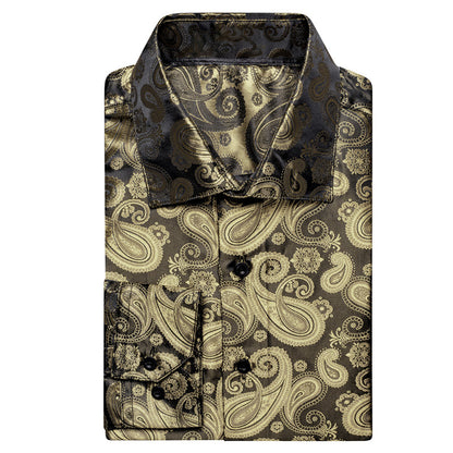 Luxury Champagne Brown Paisley Pattern Silk Dress Shirt shirt    - Sophisticated Gentlemen