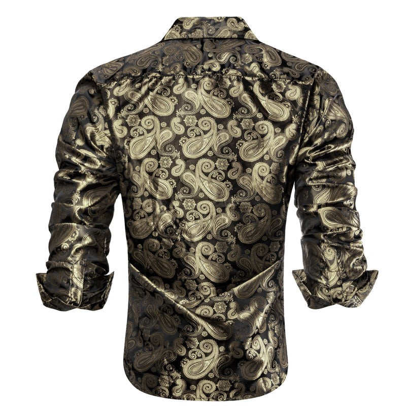 Luxury Champagne Brown Paisley Pattern Silk Dress Shirt shirt    - Sophisticated Gentlemen