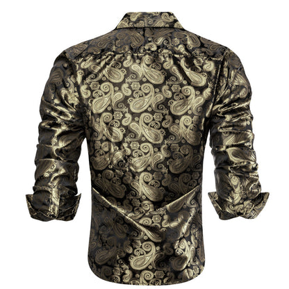 Luxury Champagne Brown Paisley Pattern Silk Dress Shirt shirt    - Sophisticated Gentlemen
