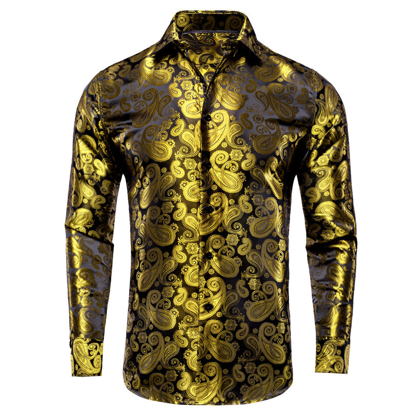 Luxury Yellow Brown Paisley Pattern Silk Dress Shirt shirt S   - Sophisticated Gentlemen