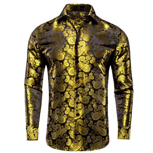 Luxury Yellow Brown Paisley Pattern Silk Dress Shirt shirt S   - Sophisticated Gentlemen
