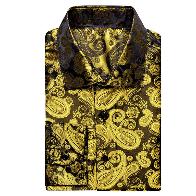 Luxury Yellow Brown Paisley Pattern Silk Dress Shirt shirt    - Sophisticated Gentlemen