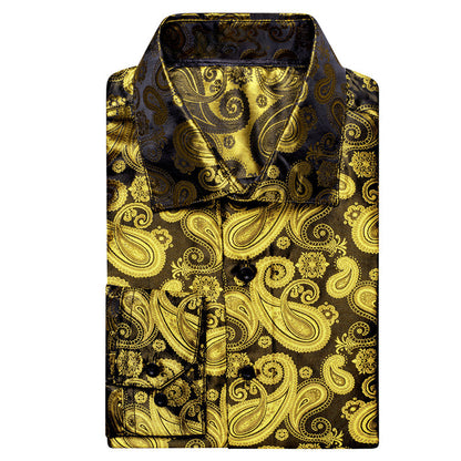Luxury Yellow Brown Paisley Pattern Silk Dress Shirt shirt    - Sophisticated Gentlemen