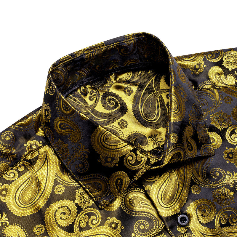 Luxury Yellow Brown Paisley Pattern Silk Dress Shirt shirt    - Sophisticated Gentlemen