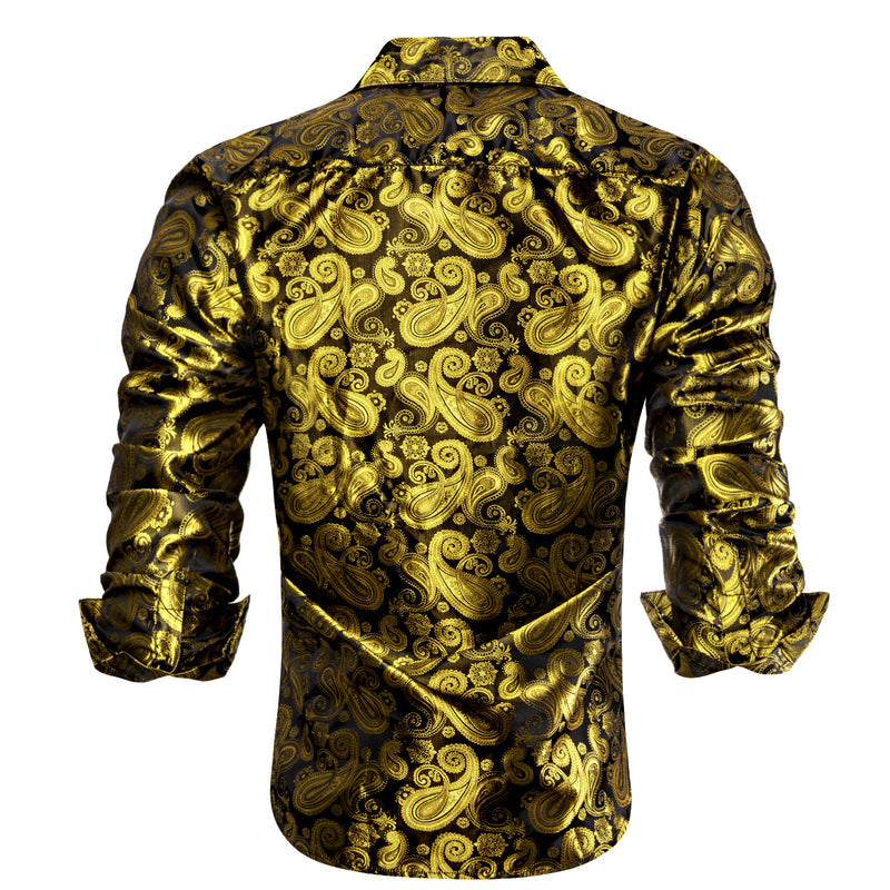 Luxury Yellow Brown Paisley Pattern Silk Dress Shirt shirt    - Sophisticated Gentlemen