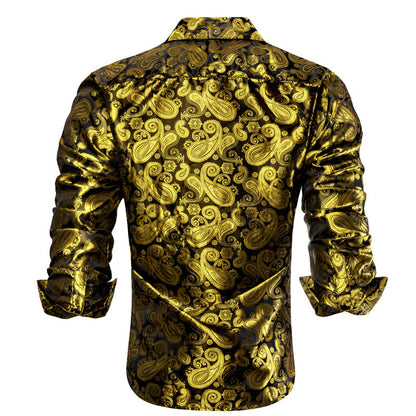 Luxury Yellow Brown Paisley Pattern Silk Dress Shirt shirt    - Sophisticated Gentlemen