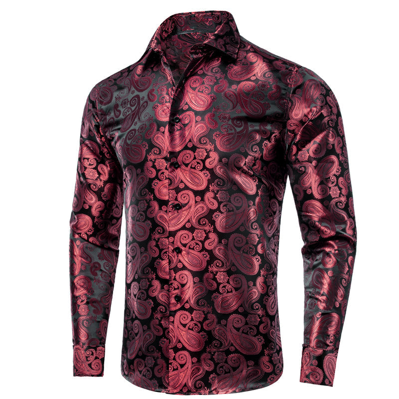 Dark Red Paisley Pattern Silk Dress Shirt shirt S   - Sophisticated Gentlemen