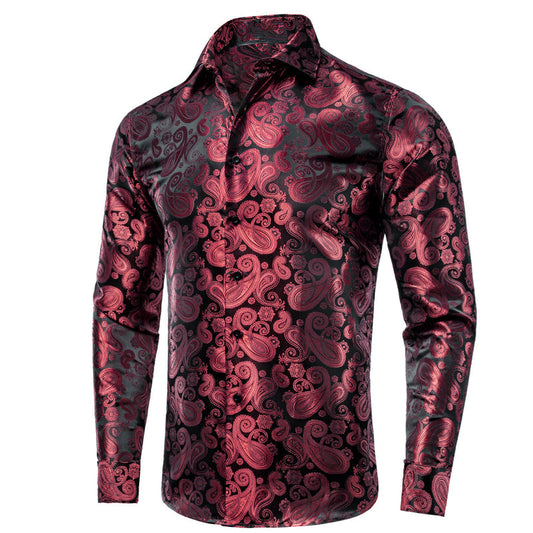 Dark Red Paisley Pattern Silk Dress Shirt shirt S   - Sophisticated Gentlemen